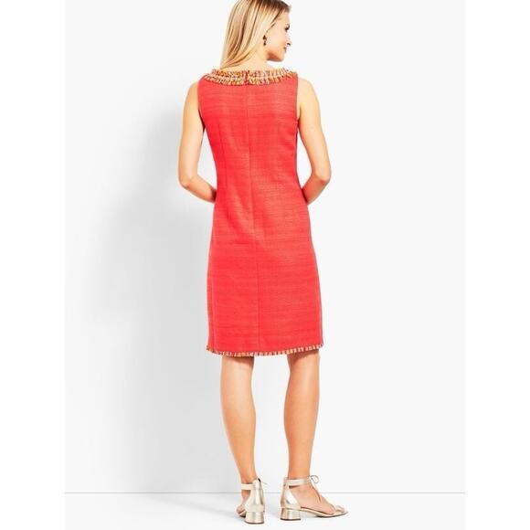 Talbot's Textured Coral Quiet Luxury Tweed Sleeveless Fringe-Neck Shift Dress 4 - Picture 2 of 7